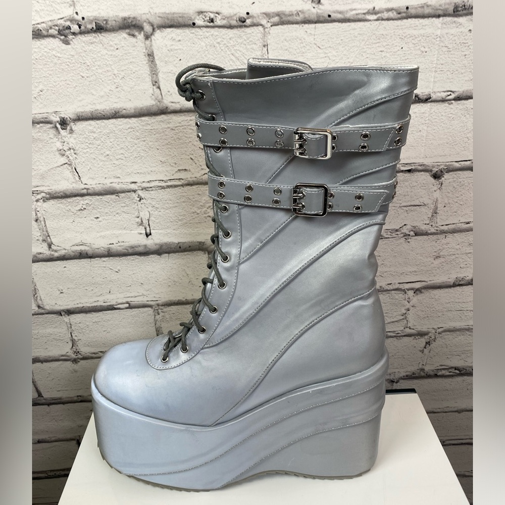 Ellie Silver Buckle Platform Boots Club Kid Boots Goth Boots size 12 - Picture 2 of 9